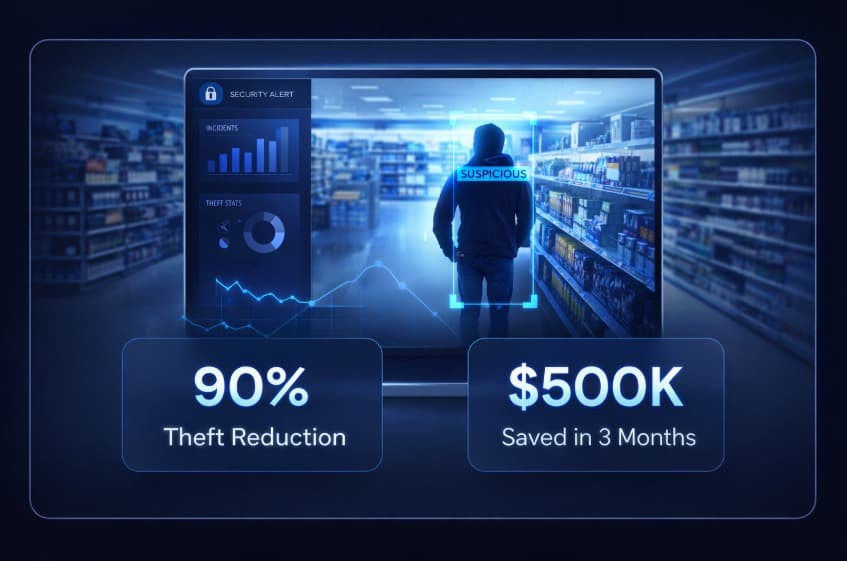 Retail Guard AI dashboard showing security alerts, theft statistics, and suspicious activity detection with 90% theft reduction and $500K saved metrics